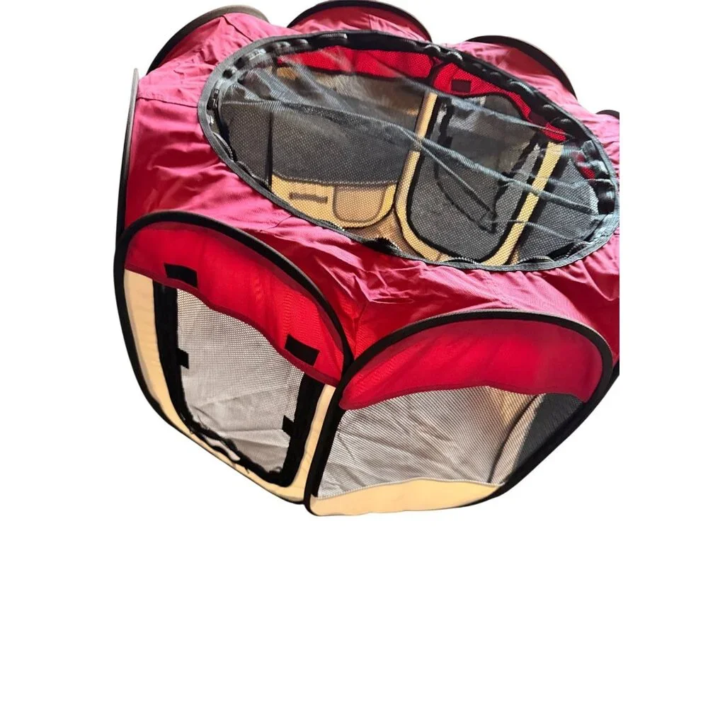Portable Red & Beige Mesh Dog Playpen/pet playpen With Carrying Case - Doggie Do